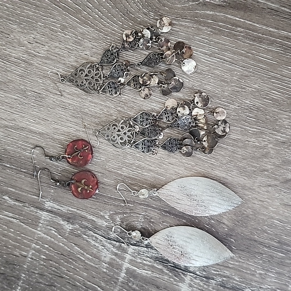 3 Pairs Boho Antiqued Silver Chandelier Fleur de Lis and Silver Leaf Earrings
